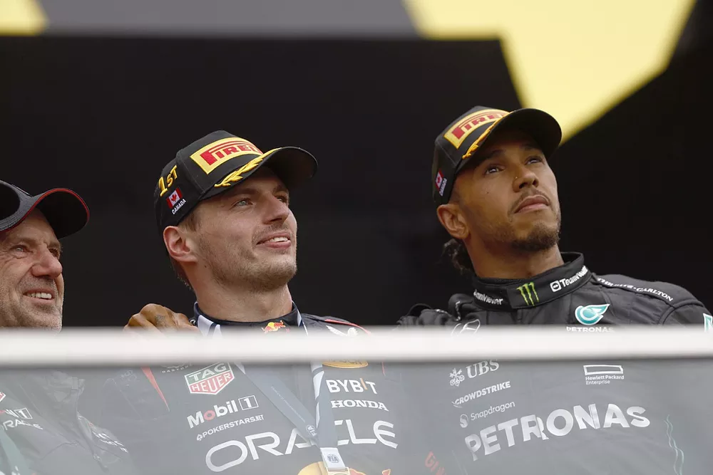 Adrian Newey, Chief Technology Officer, Red Bull Racing, Max Verstappen, Red Bull Racing, 1st position, Lewis Hamilton, Mercedes-AMG, 3rd position, on the podium