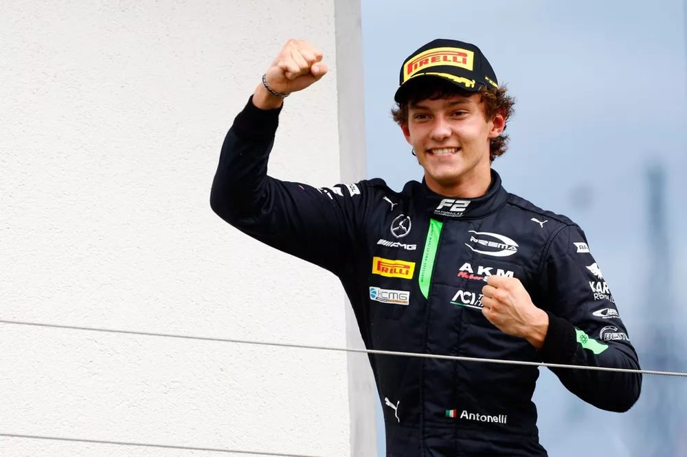 Andrea Kimi Antonelli, Prema Racing, 1st position, celebrates the win on the podium