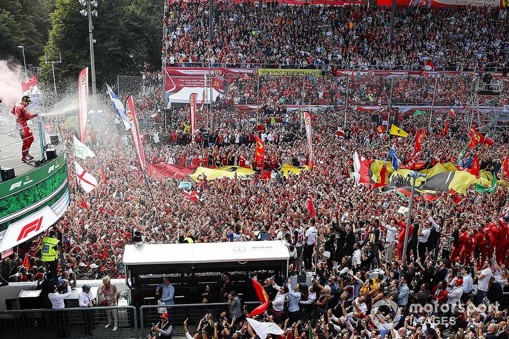Race winner Charles Leclerc, Ferrari celebrates on the podium with the champagne