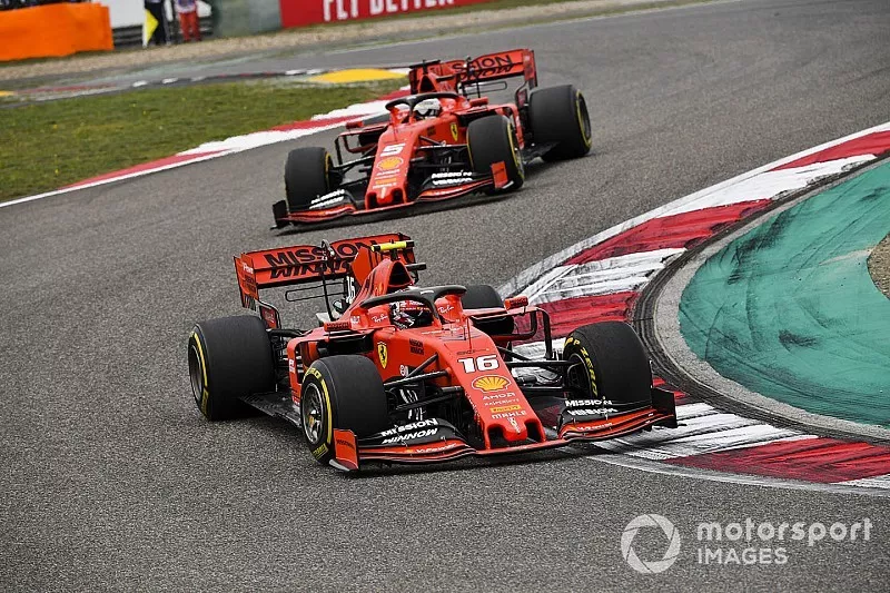 Charles Leclerc, Ferrari SF90, leads Sebastian Vettel, Ferrari SF90