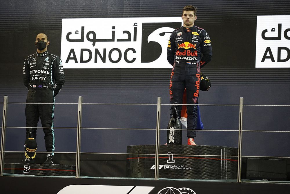 Lewis Hamilton, Mercedes, 2nd position, Max Verstappen, Red Bull Racing, 1st position, on the podium