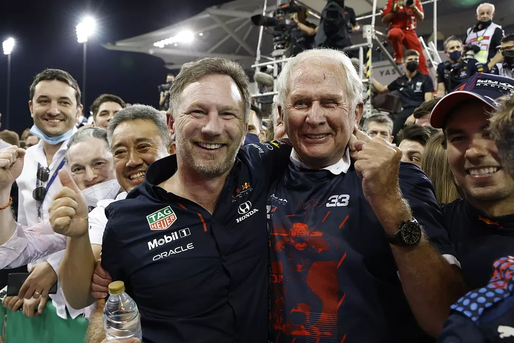 Christian Horner, Team Principal, Red Bull Racing, Helmut Marko, Consultant, Red Bull Racing, celebrate with their team in Parc Ferme
