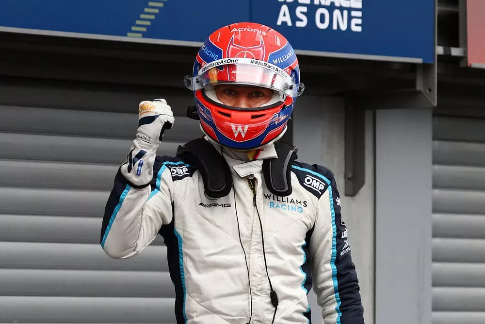 George Russell, Williams, celebrates in Parc Ferme after securing a front row grid spot