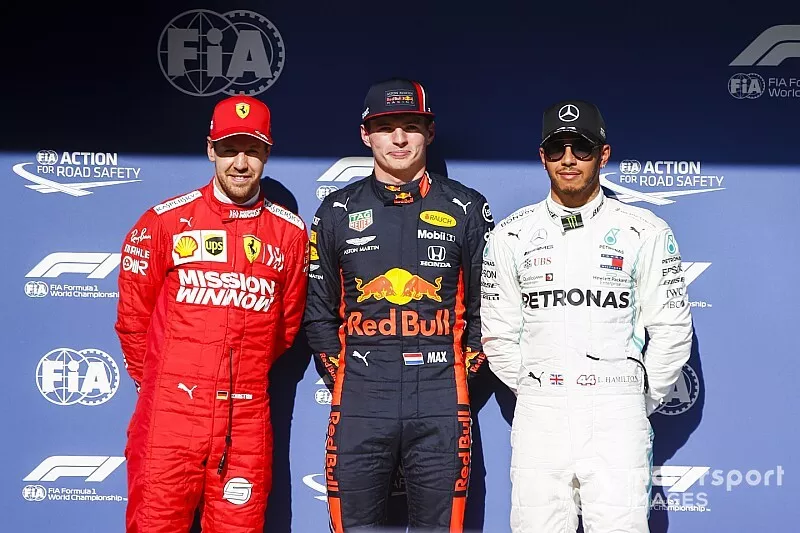 Sebastian Vettel, Ferrari, Pole Sitter Max Verstappen, Red Bull Racing and Lewis Hamilton, Mercedes AMG F1 in Parc Ferme 