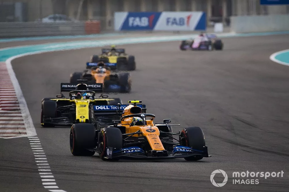 Lando Norris, McLaren MCL34, leads Daniel Ricciardo, Renault F1 Team R.S.19, Carlos Sainz Jr., McLaren MCL34, and Nico Hulkenberg, Renault F1 Team R.S. 19