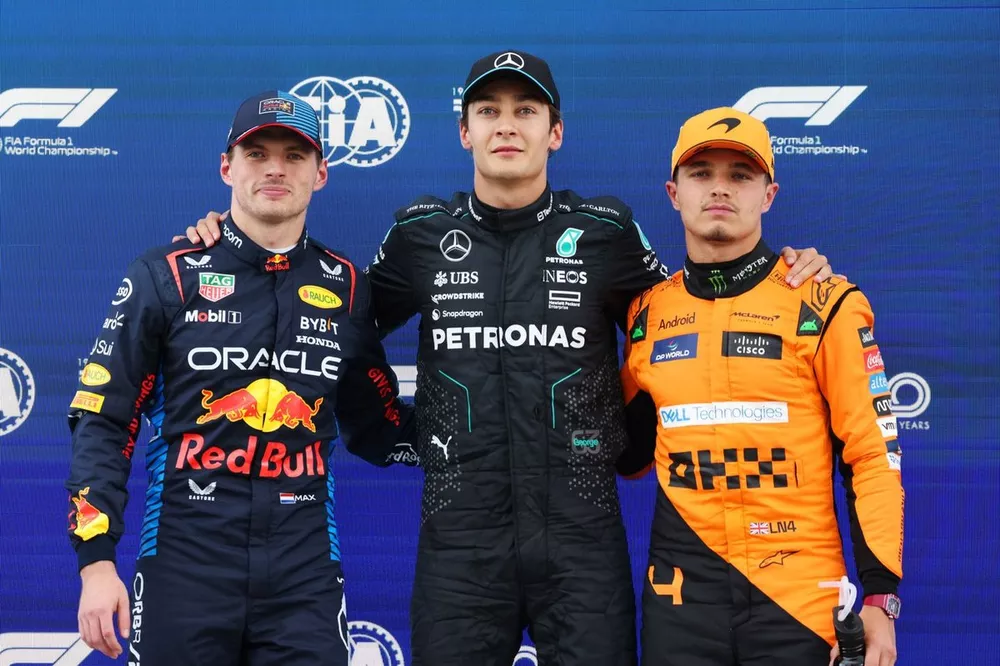 Pole man George Russell, Mercedes-AMG F1 Team, with Max Verstappen, Red Bull Racing, Lando Norris, McLaren F1 Team 