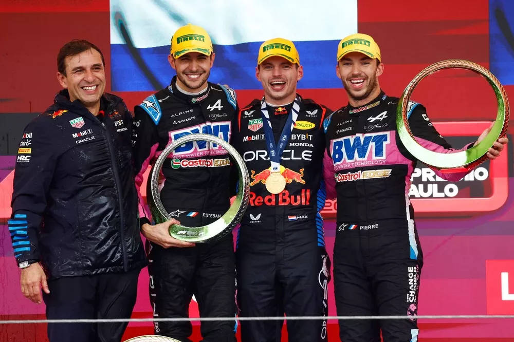 Max Verstappen, Red Bull Racing, 1st position, Esteban Ocon, Alpine F1 Team, 2nd position, Pierre Gasly, Alpine F1 Team, 3rd position, Pierre Wache, Technical Director, Red Bull Racing, on the podium 