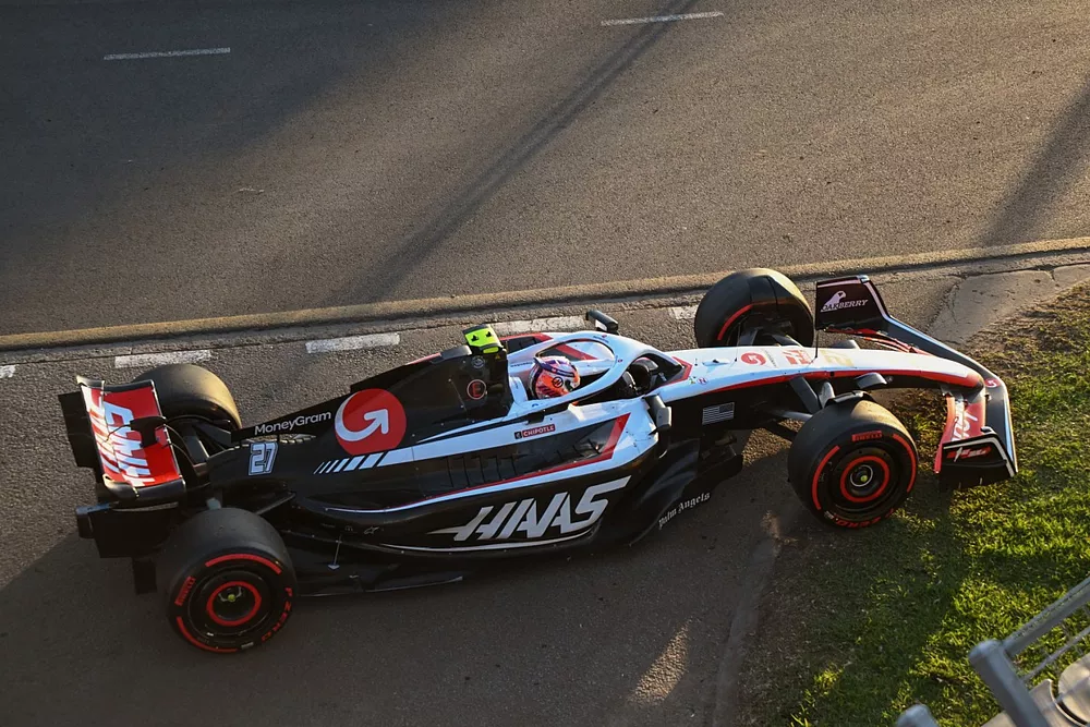 Nico Hulkenberg, Haas VF-23, parks up at the end of the race