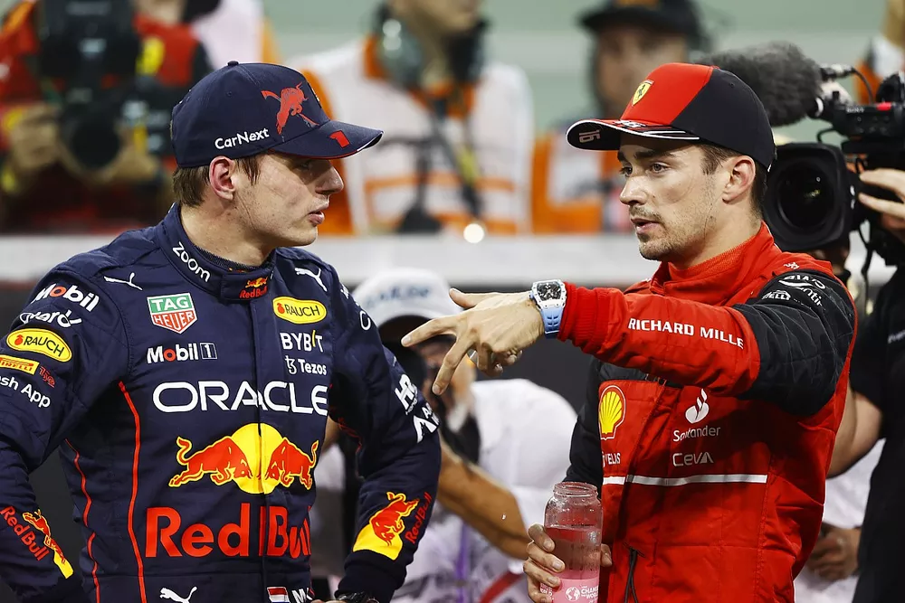 Pole man Max Verstappen, Red Bull Racing, Charles Leclerc, Ferrari, in Parc Ferme