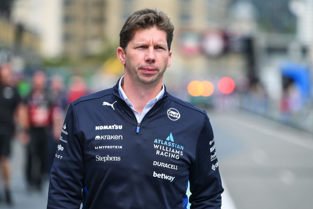  James Vowles, Team Principal of Williams looks on in the Pitlane 