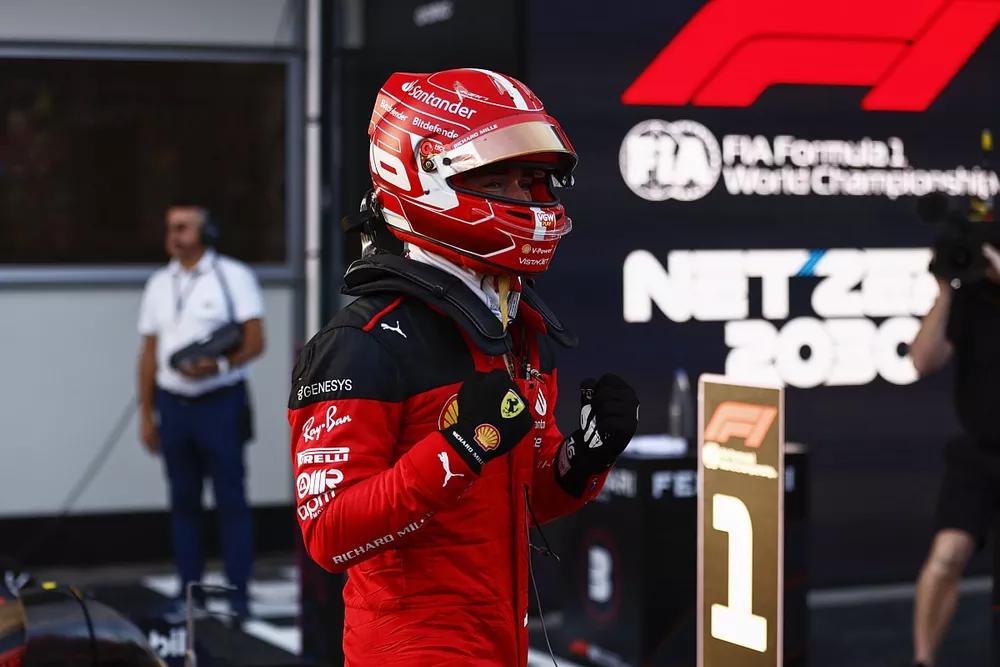 Charles Leclerc, Scuderia Ferrari, celebrates in Parc Ferme after securing Pole
