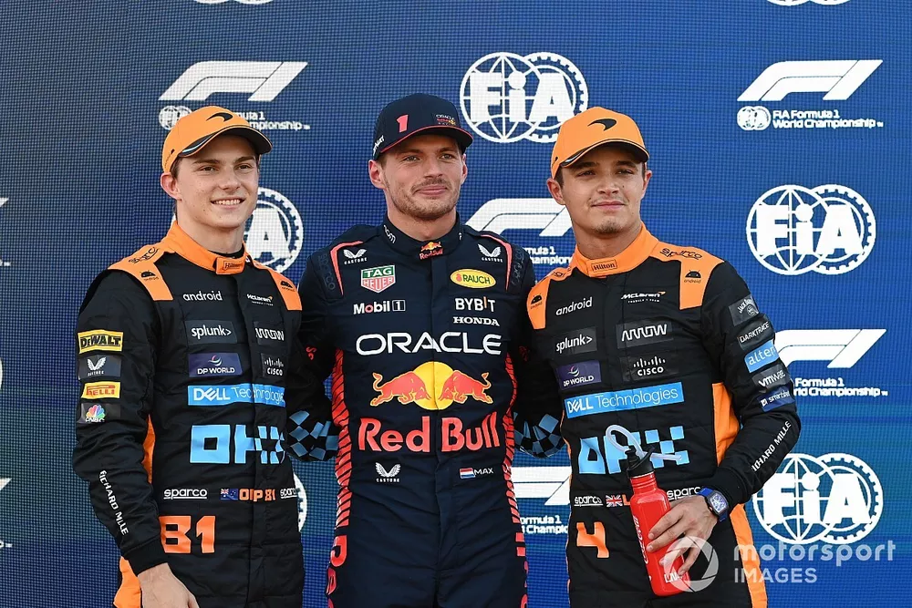 Top three Qualifiers Oscar Piastri, McLaren, pole man Max Verstappen, Red Bull Racing, and Lando Norris, McLaren