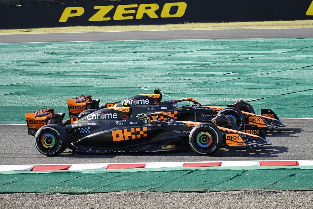 Lando Norris, McLaren MCL60, 2nd position, Oscar Piastri, McLaren MCL60, 3rd position, drive in formation on their way to Parc Ferme