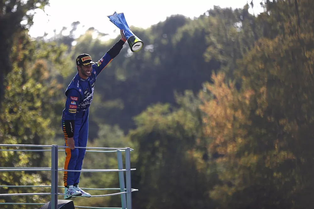 Daniel Ricciardo, McLaren, 1st position, lifts his trophy