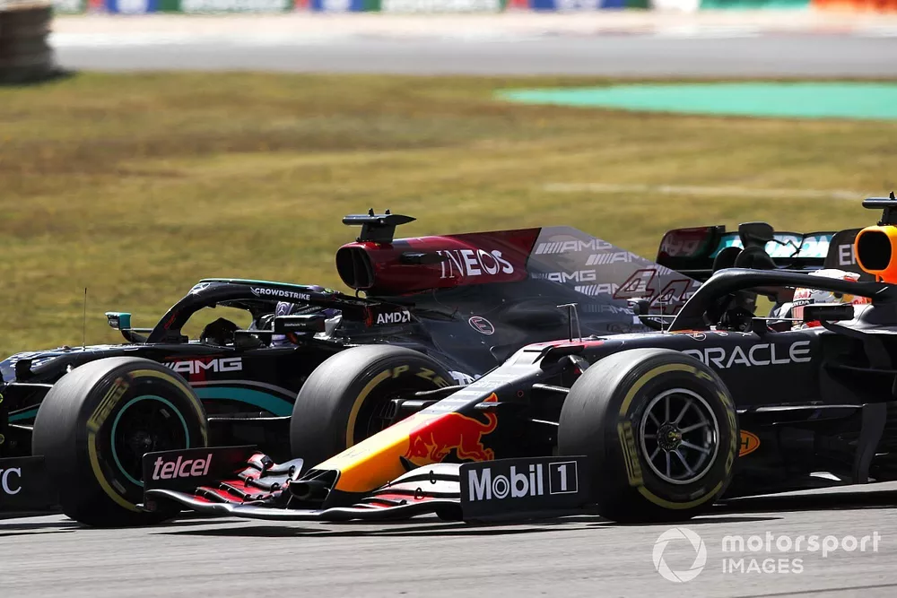 Lewis Hamilton, Mercedes W12, battles with Max Verstappen, Red Bull Racing RB16B
