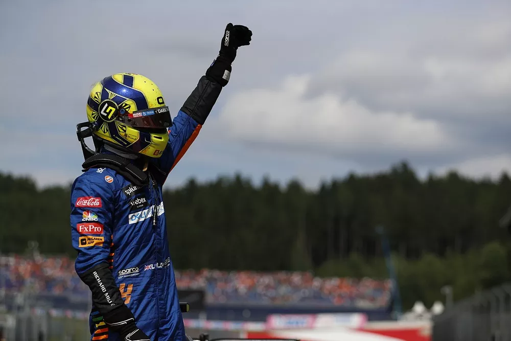 Lando Norris, McLarenc, 3rd position, celebrates in Parc Ferme