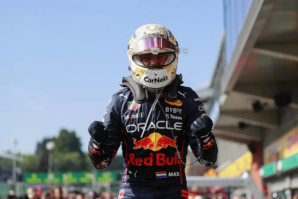 Max Verstappen, Red Bull Racing, 1st position, celebrates in Parc Ferme