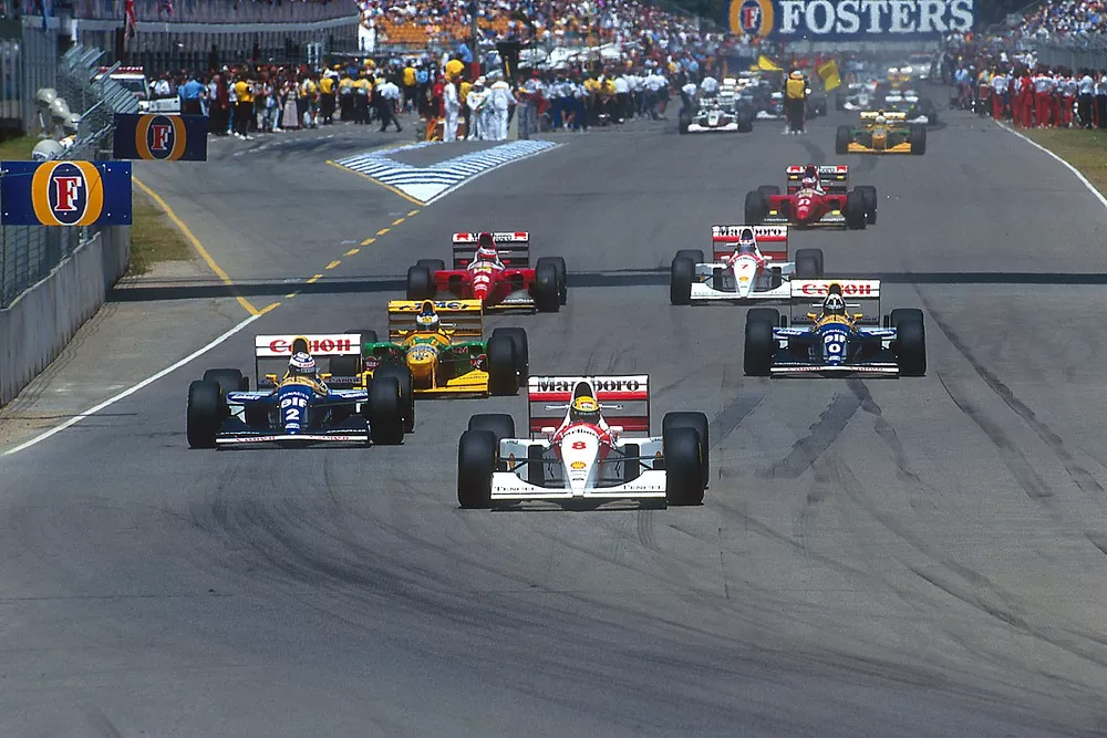 Ayrton Senna, McLaren leads Alain Prost, Williams; Michael Schumacher, Benetton; Damon Hill, Williams; Gerhard Berger, Ferrari; Mika Hakkinen McLaren and Jean Alesi, Ferrari