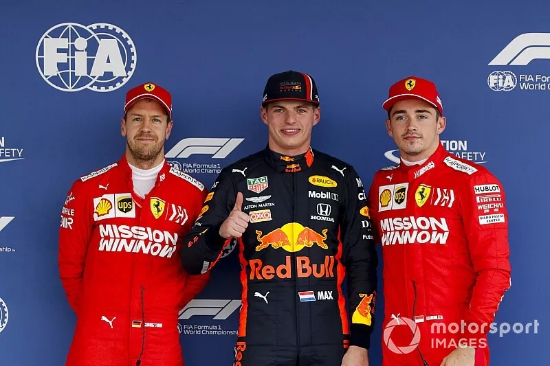 Sebastian Vettel, Ferrari, Pole Sitter Max Verstappen, Red Bull Racing and Charles Leclerc, Ferrari in Parc Ferme