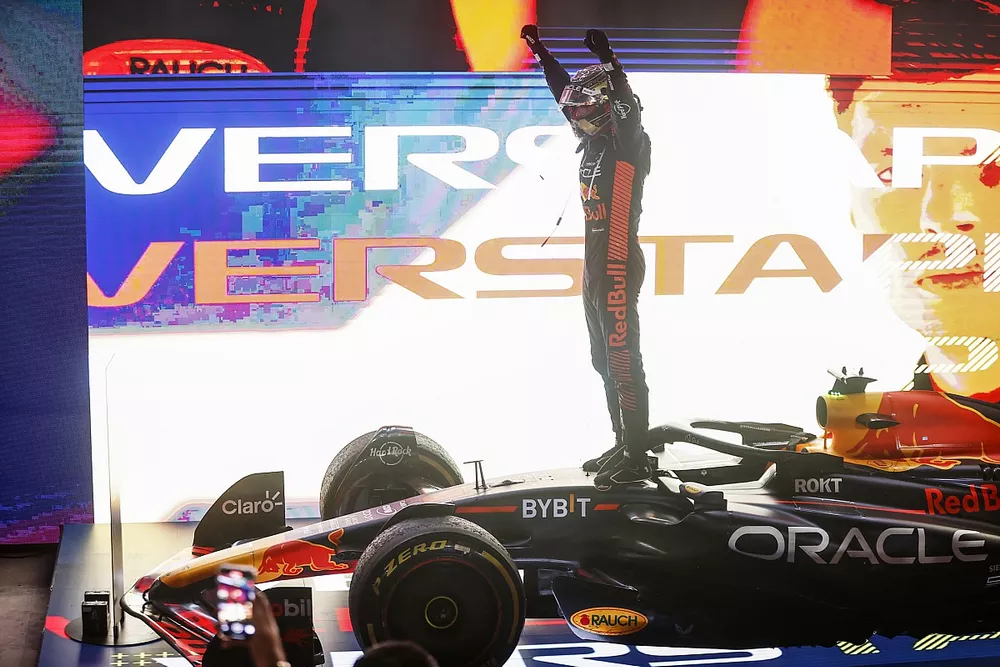 Max Verstappen, Red Bull Racing, 1st position, celebrates on arrival in Parc Ferme