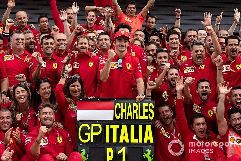 Race winner Charles Leclerc, Ferrari  poses for a photograph with his Ferrari team