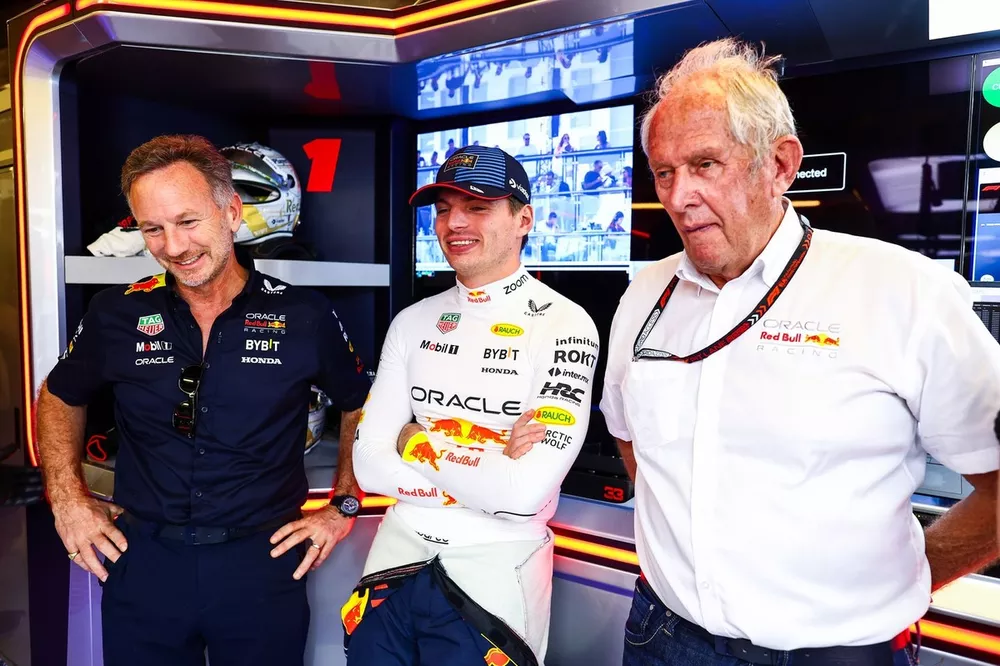 Red Bull Racing Team Principal Christian Horner, Max Verstappen, Red Bull Racing, Consultant Dr Helmut Marko