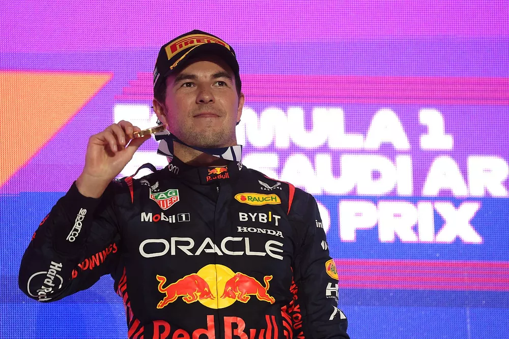 Sergio Perez, Red Bull Racing, 1st position, with his medal