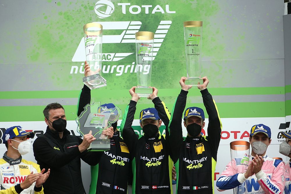 Podium: Race winner #911 Manthey Racing Porsche 911 GT3 R: Matteo Cairoli, Michael Christensen, Kevin Estre