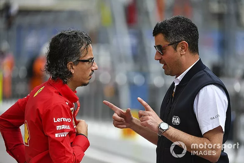 Michael Masi, Race Director, talks to Laurent Mekies, Sporting Director, Ferrari 