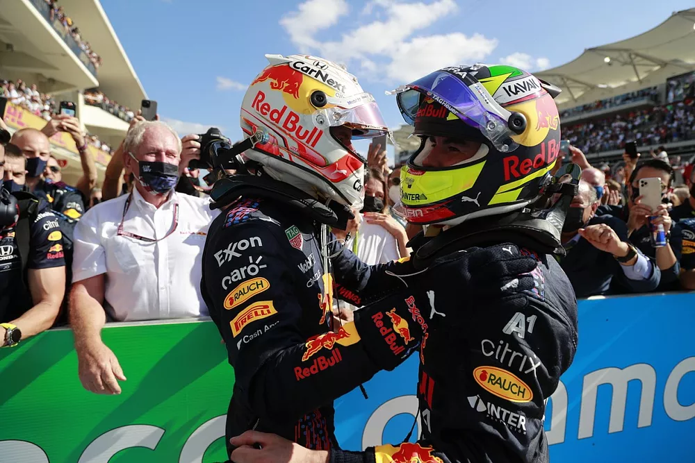 Max Verstappen, Red Bull Racing, 1st position, and Sergio Perez, Red Bull Racing, 3rd position, congratulate each other in Parc Ferme