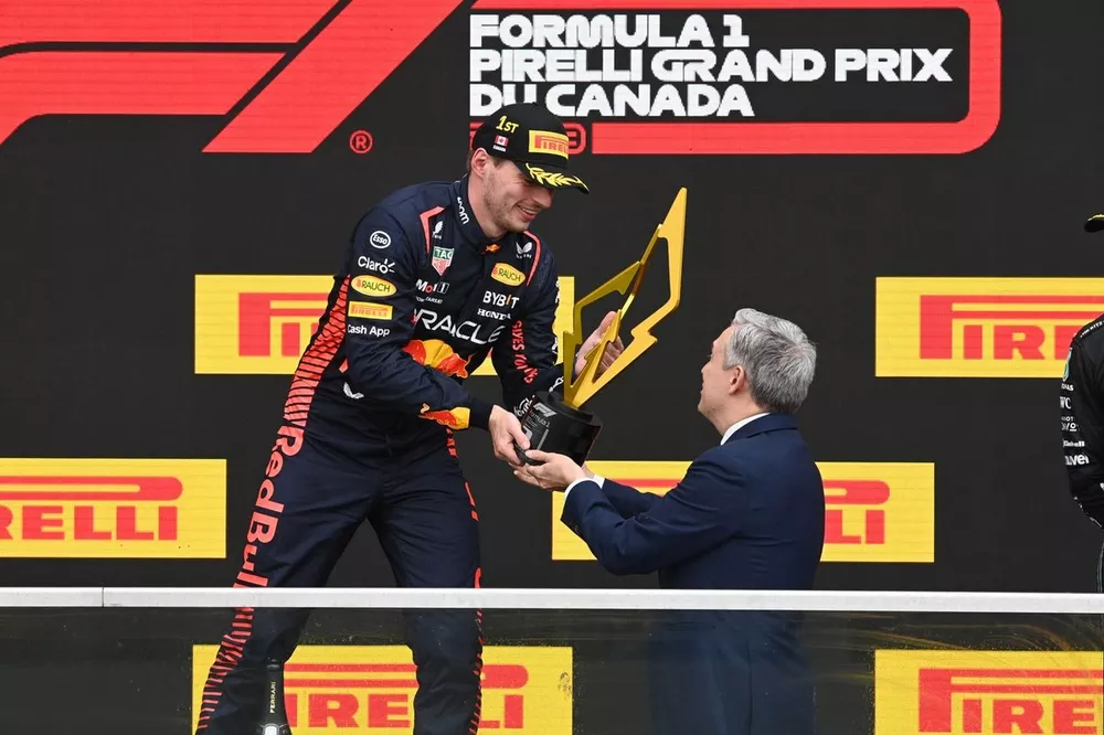 THe winners trophy is presented on the podium to Max Verstappen, Red Bull Racing, 1st position