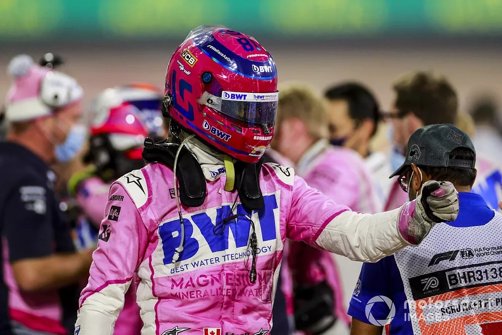 Lance Stroll, Racing Point, 3rd position, celebrates in Parc Ferme