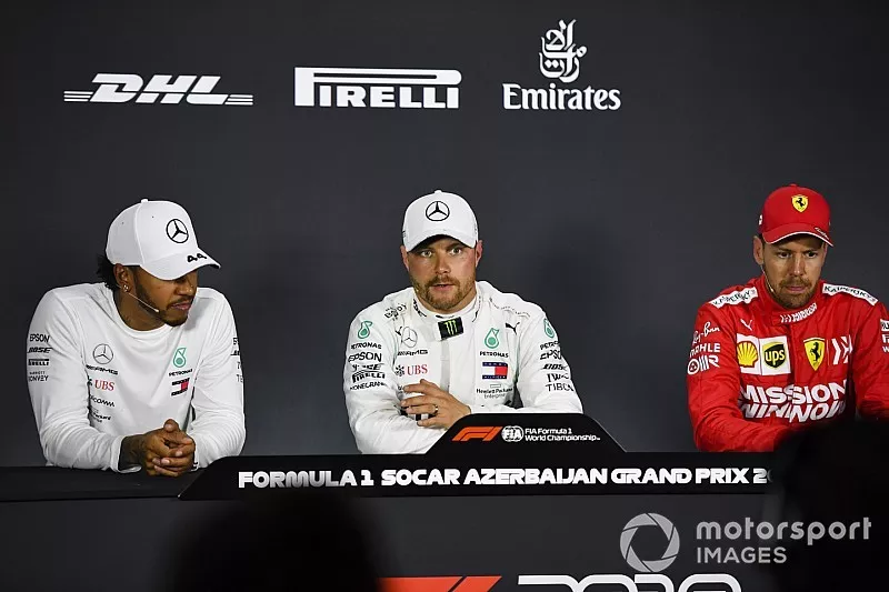 Polesitter Valtteri Bottas, Mercedes AMG F1, second place Lewis Hamilton, Mercedes AMG F1, third place Sebastian Vettel, Ferrari in the post-qualifying press conference
