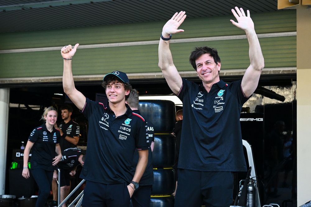 Andrea Kimi Antonelli and Toto Wolff, Team Principal and CEO, Mercedes-AMG F1 Team