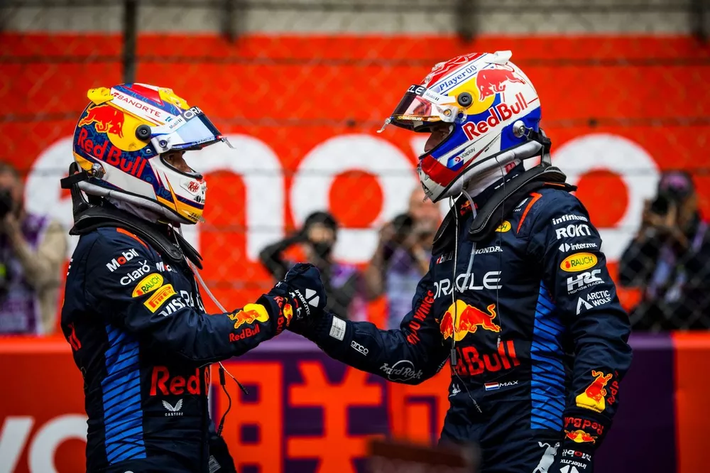 Sergio Perez, Red Bull Racing, 3rd position, Max Verstappen, Red Bull Racing, 1st position, congratulate each other in Parc Ferme