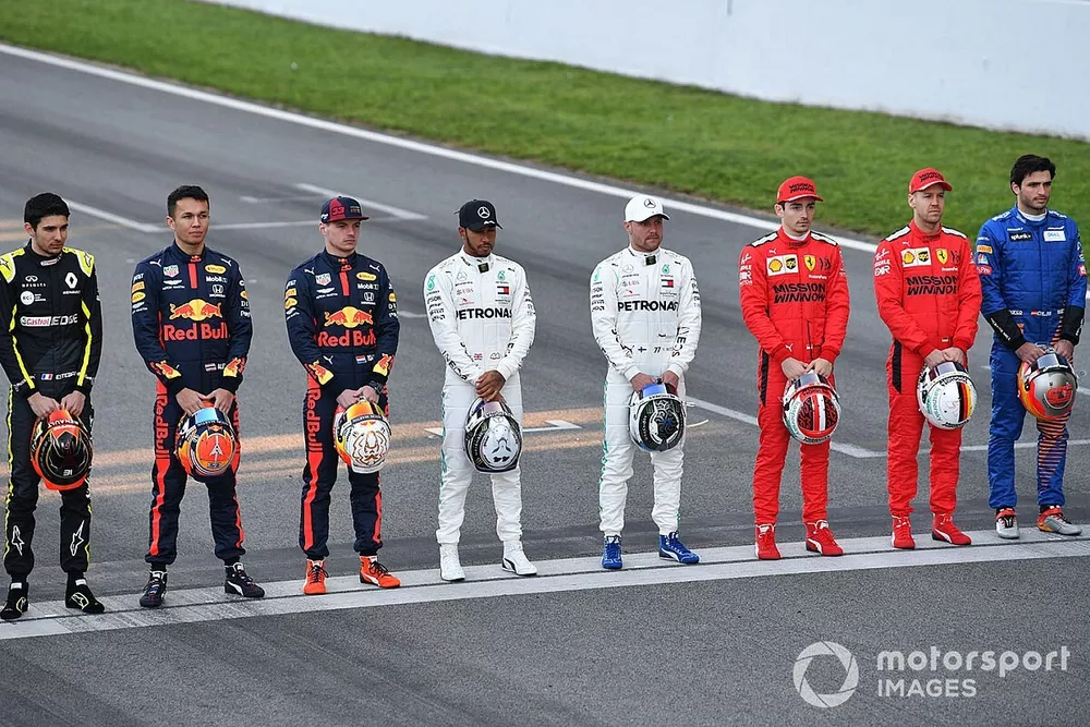 Esteban Ocon, Renault F1, Alexander Albon, Red Bull Racing, Max Verstappen, Red Bull Racing, Lewis Hamilton, Mercedes-AMG Petronas F1, Valtteri Bottas, Mercedes-AMG Petronas F1, Charles Leclerc, Ferrari, Sebastian Vettel, Ferrari and Carlos Sainz, McLaren line up on the track