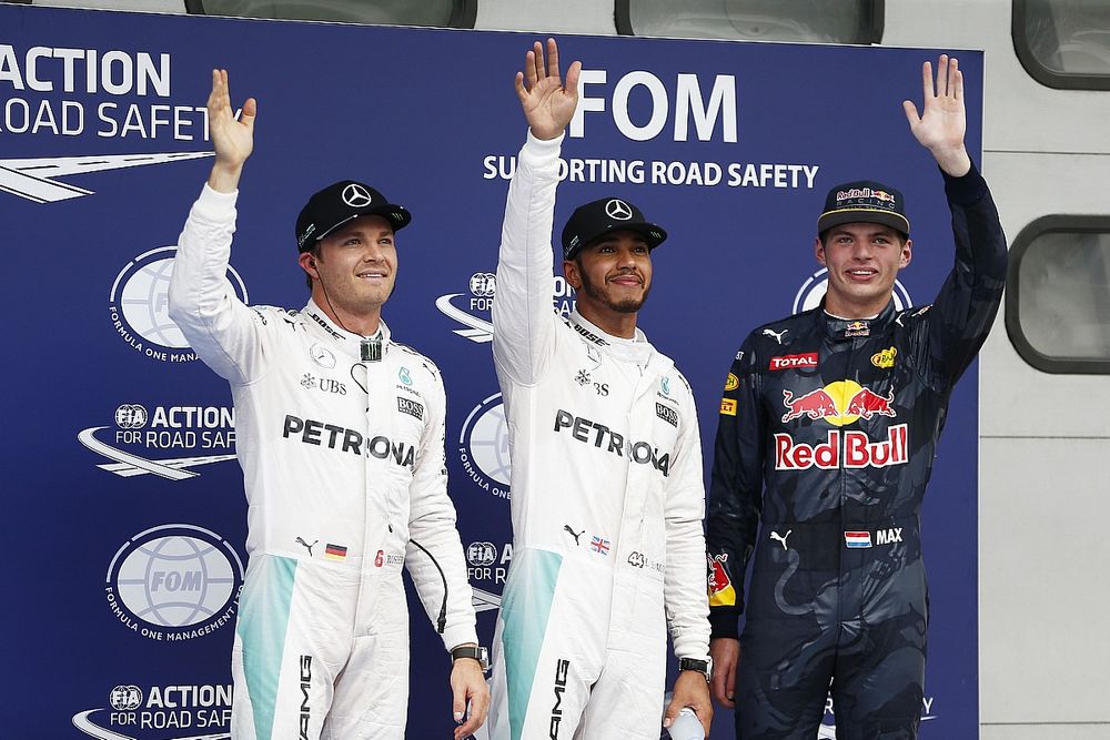 Polesitter Lewis Hamilton, Mercedes AMG F1, second place Nico Rosberg, Mercedes AMG F1, third place 