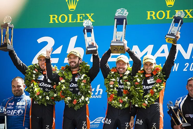 Podio LMP2: Roman Rusinov, Andrea Pizzitola, Jean-Eric Vergne, G-Drive Racing
