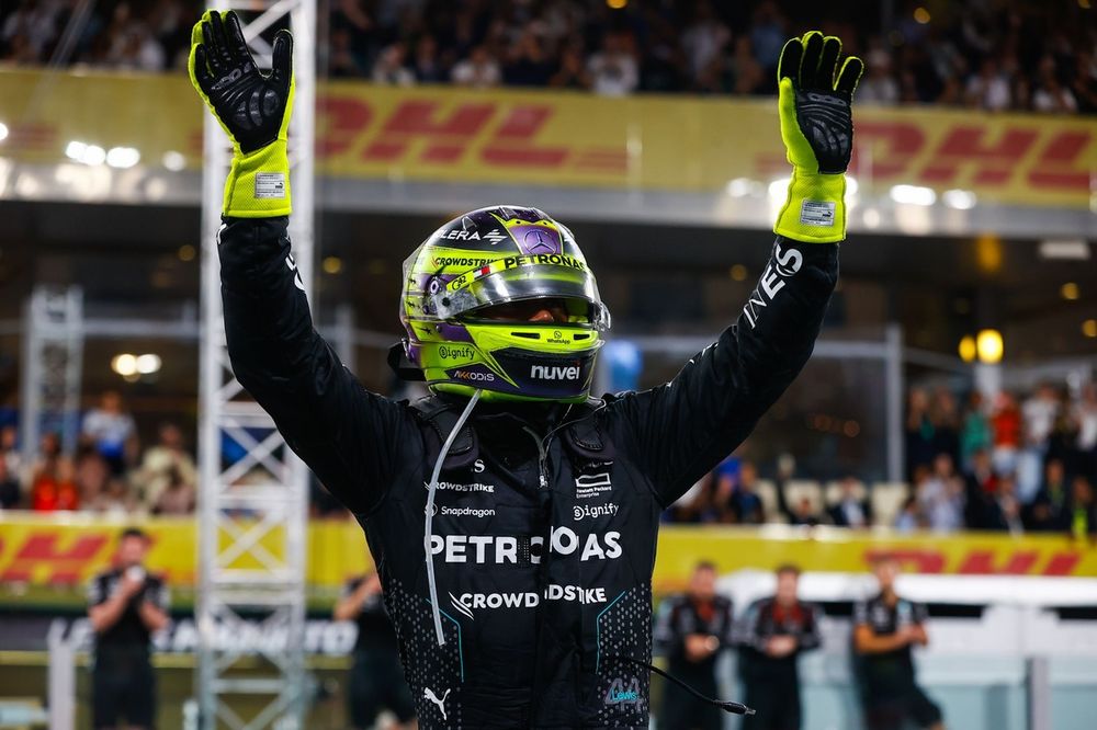 Lewis Hamilton, Mercedes-AMG F1 Team, celebrates on the grid at the end of the race