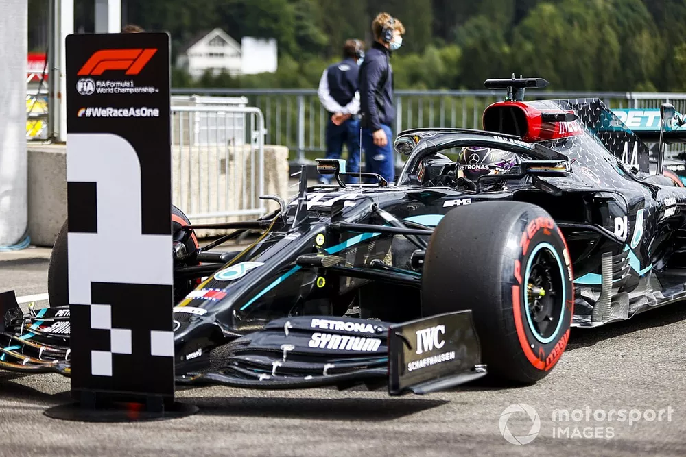 Pole man Lewis Hamilton, Mercedes F1 W11, arrives in Parc Ferme