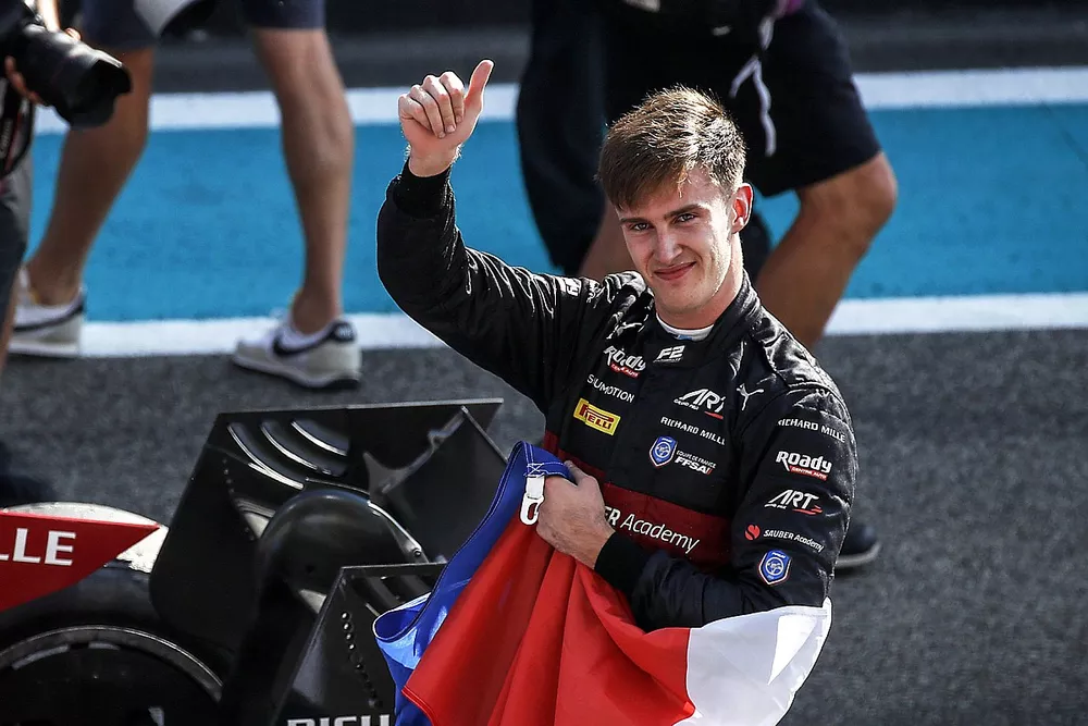 Formula 2 Champion Theo Pourchaire, ART Grand Prix celebrates in Parc Ferme 