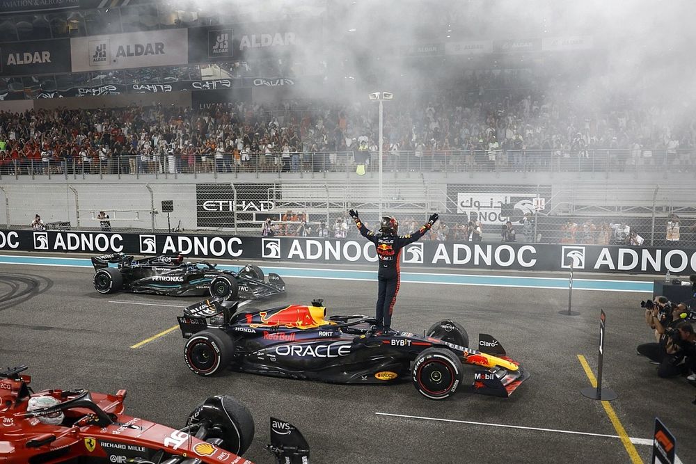 Max Verstappen, Red Bull Racing, 1st position, celebrates at the end of the race