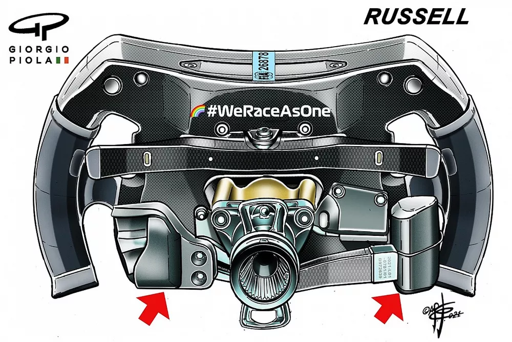 Parte trasera del volante de George Russell en Mercedes.