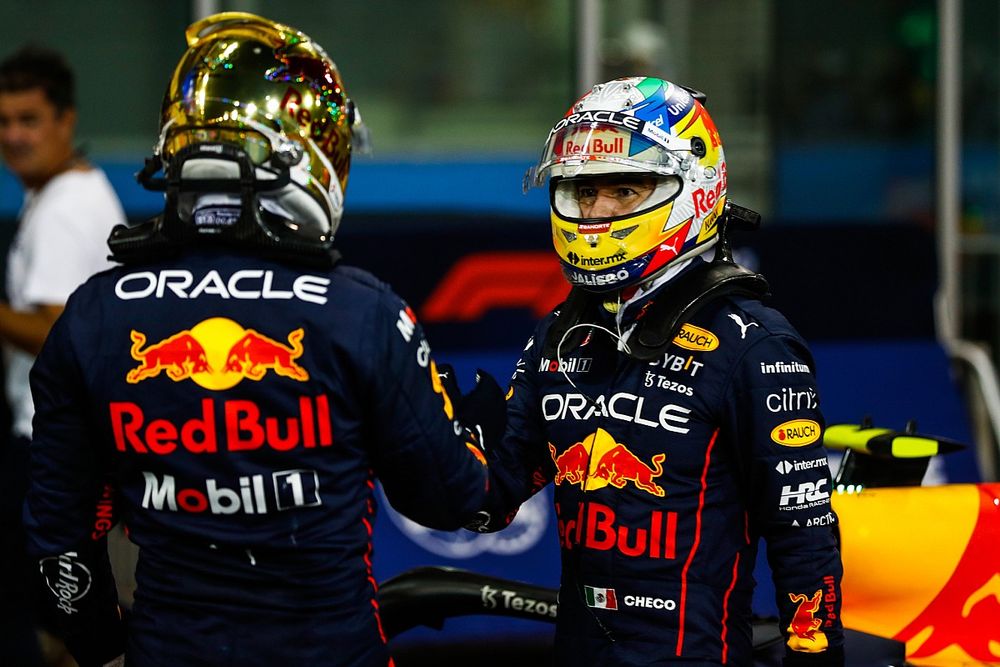 Pole man Max Verstappen, Red Bull Racing, Sergio Perez, Red Bull Racing, congratulate each other in Parc Ferme