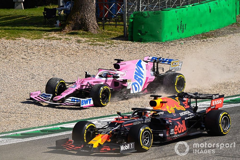 Sergio Perez, Racing Point RP20, heads into the gravel after battling with Max Verstappen, Red Bull Racing RB16