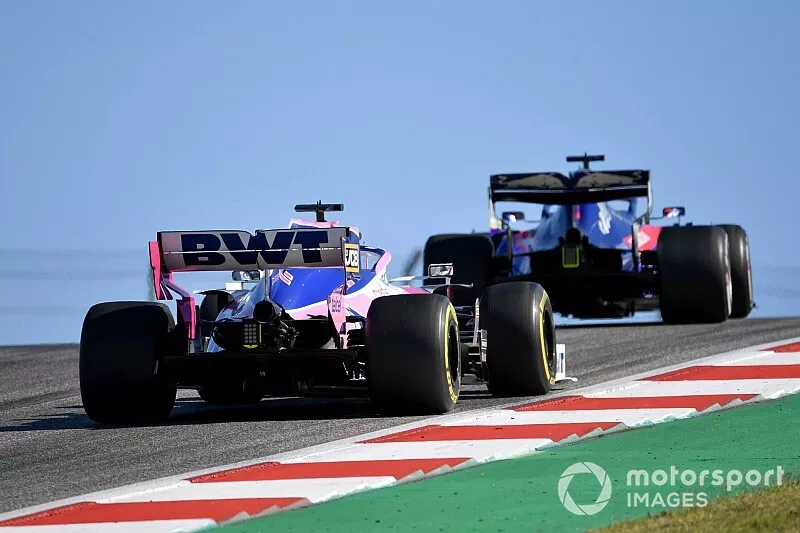 Sergio Perez, Racing Point RP19 and Max Verstappen, Red Bull Racing RB15 