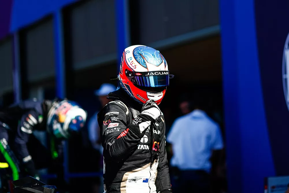 Mitch Evans, Jaguar Racing, 1st position, celebrates on arrival in Parc Ferme