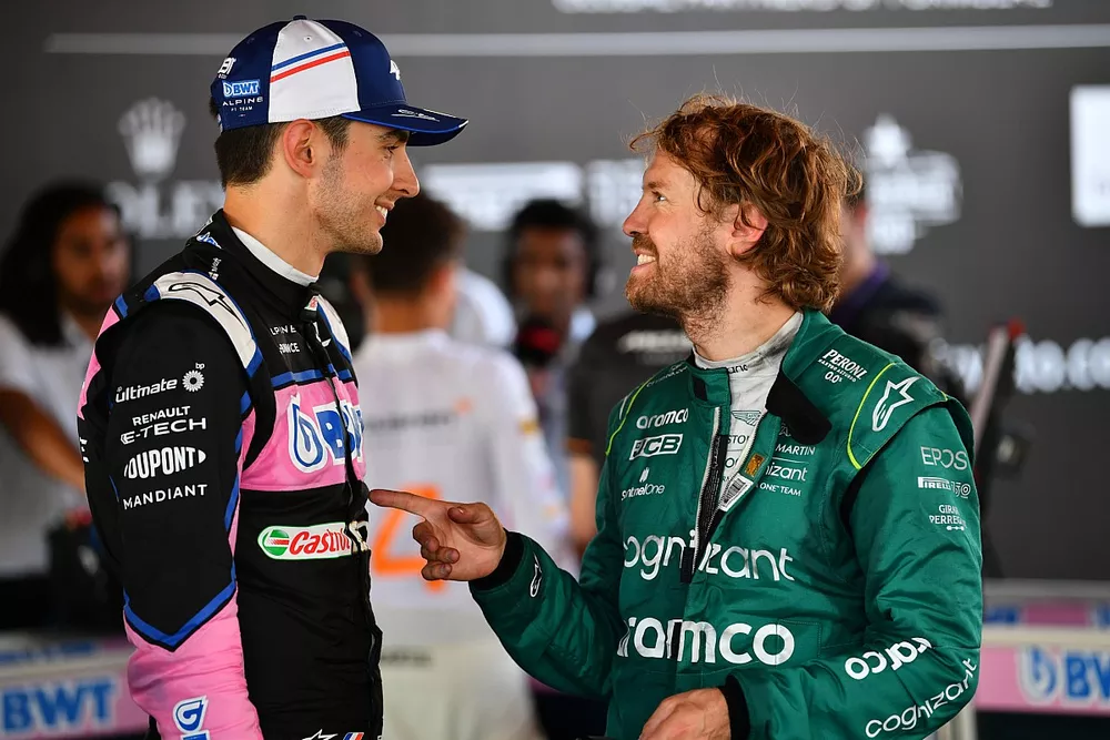 Sebastian Vettel, Aston Martin, Esteban Ocon, Alpine F1 Team, talk after the race