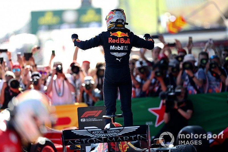 Max Verstappen, Red Bull Racing, 1st position, celebrates in Parc Ferme