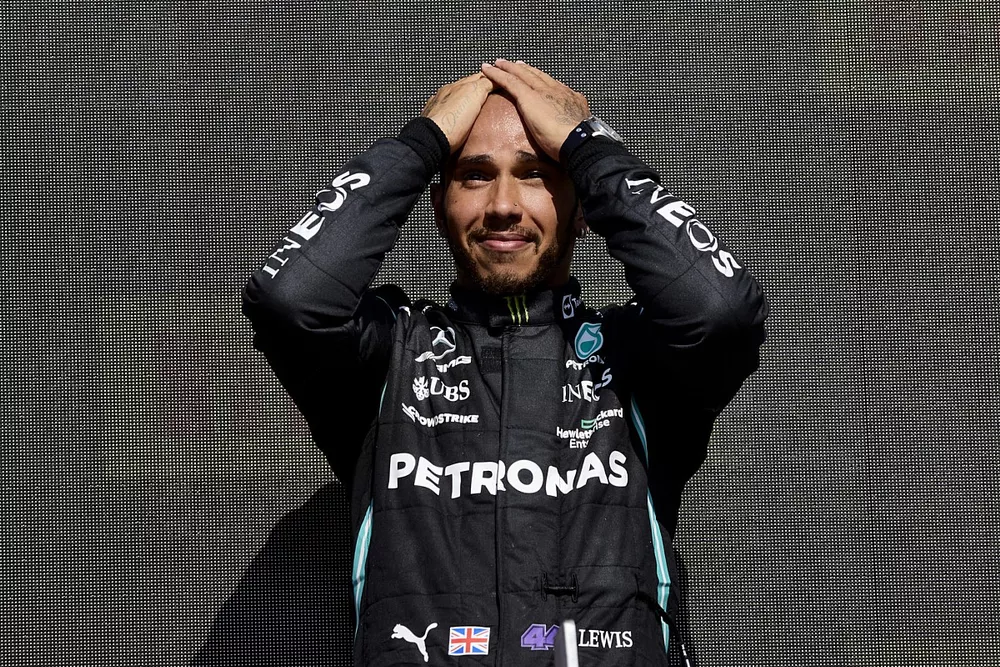Lewis Hamilton, Mercedes, 1st position, on the podium